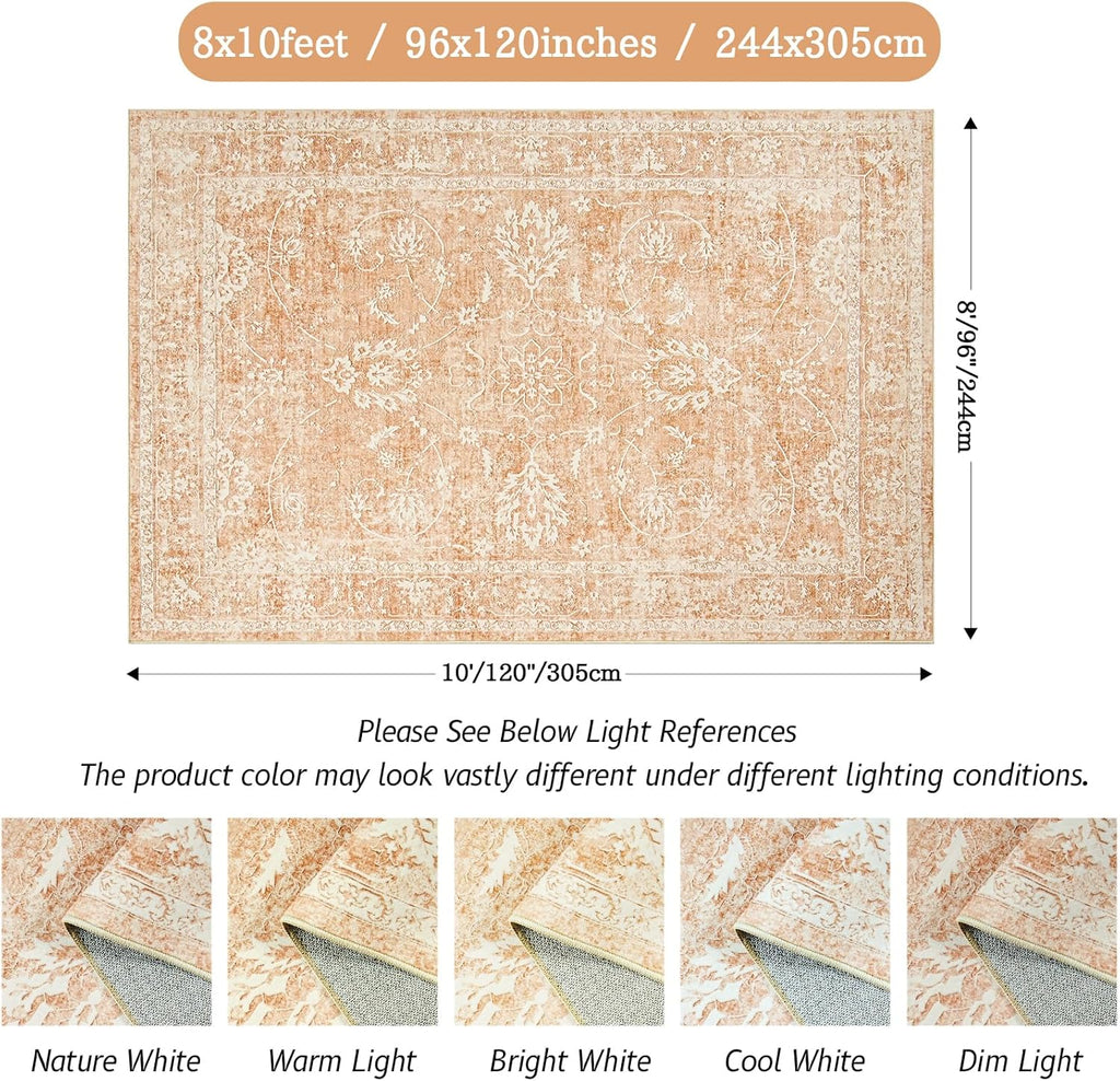 Madane 8x10 Area Rug, Anti-Slip, Machine Washable, Vintage Floral, Orange S60953