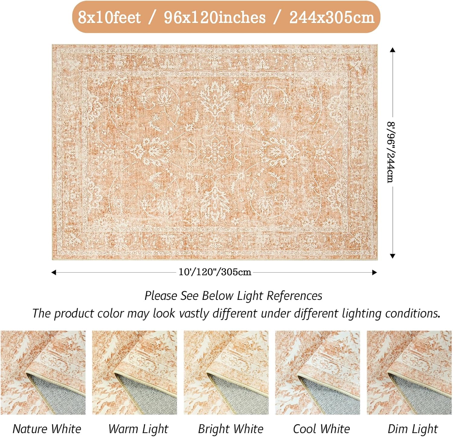 Madane 8x10 Area Rug, Anti-Slip, Machine Washable, Vintage Floral, Orange S60953