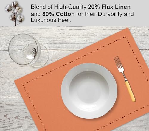 Ruvanti Linen Placemats Set of 6, 13x19 Inch, Hemstitch, Heat Resistant, Machine Washable, Ivory C907