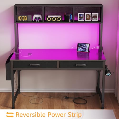 Black Gaming Desk with Hutch and Shelves, 47 Inch with LED Light and Power Outlets C685