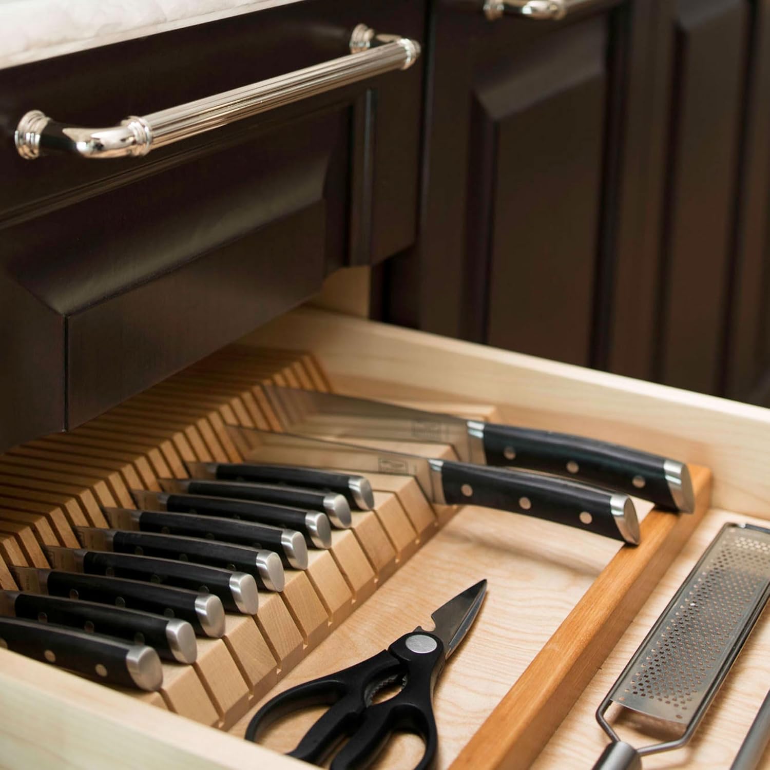 Rev-A-Shelf Dual Row Knife Block Drawer Organizer, 55 Slot Cutlery Tray, Wood N777