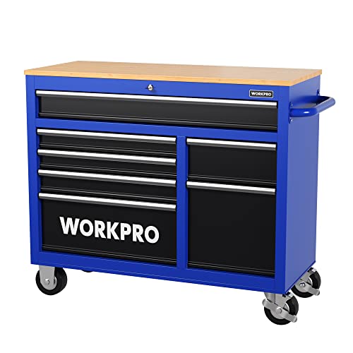 WORKPRO 46-Inch 9-Drawers Rolling Tool Chest, Mobile Tool Storage Cabinet with Wooden Top, Equipped with Casters, Handle, Drawer Liner, and Locking System, 1200 lbs Load Capacity