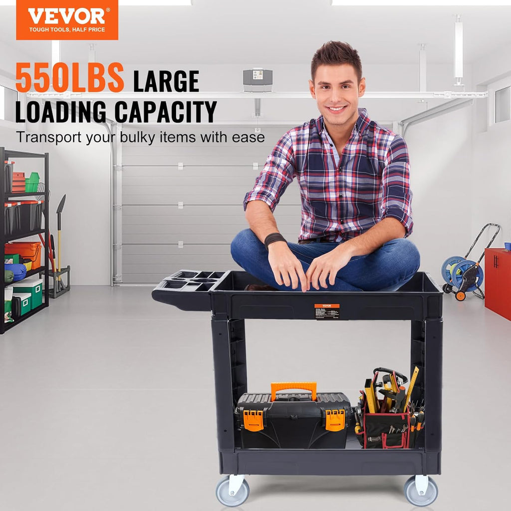 VEVOR Utility Service Cart, 2 Shelf 550LBS Heavy Duty Rolling Cart, Black N9223