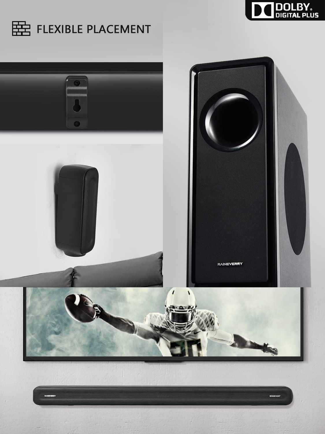 5.1 CH Surround Sound Bar with Dolby Audio, Wireless Subwoofer & Rear Speaker for TV D587