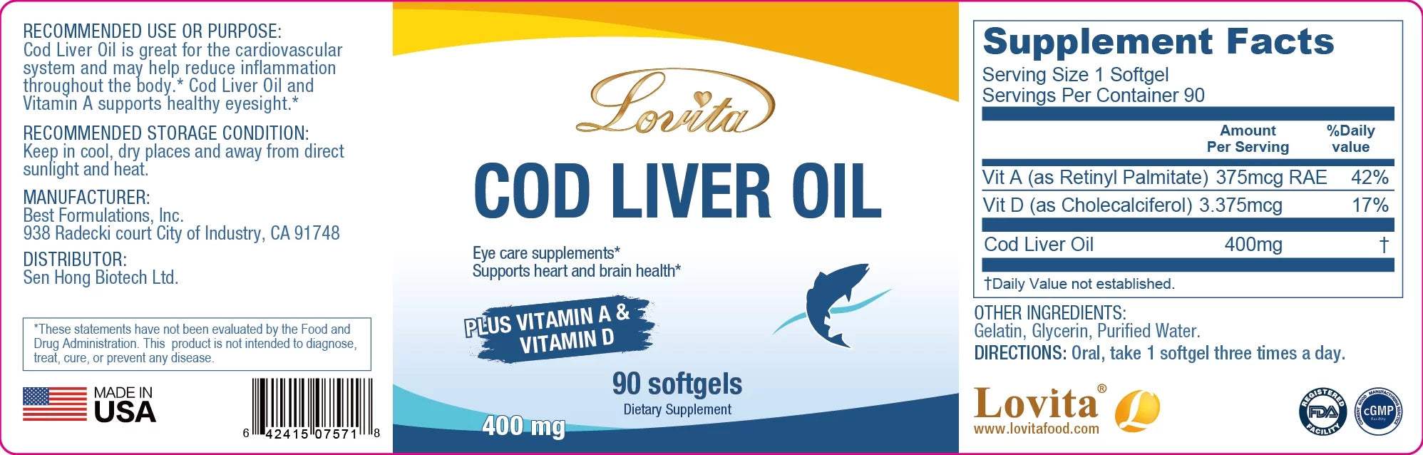 Lovita Cod Liver Oil 400 mg, Omega 3 with Vitamin A & D3, 90 Softgels (Pack of 3) T4339