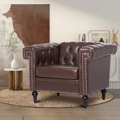 Chesterfield Chair Leather, Square Arm Tufted Back Upholstered Single Sofa Chair, Club Armchair With Nailheads and Solid Wood Legs, Chesterfield Chair for Living Room Office Reading Room (Brown)