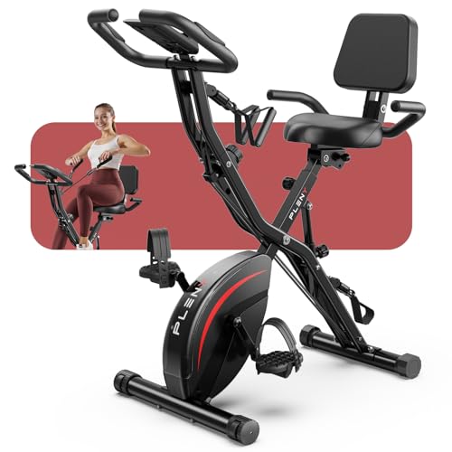 Pleny Folding Exercise Bike, 5 IN 1 Stationary Bikes for Home 6.6 LBS Flywheel, 330LB Weight Capacity Back Support Cushion Indoor Workout Cycling Bike for Home Gym