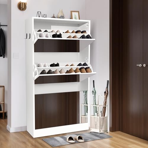 Mirror Shoe Storage Cabinet for Entryway, 3-Tier Narrow Organizer, White A897