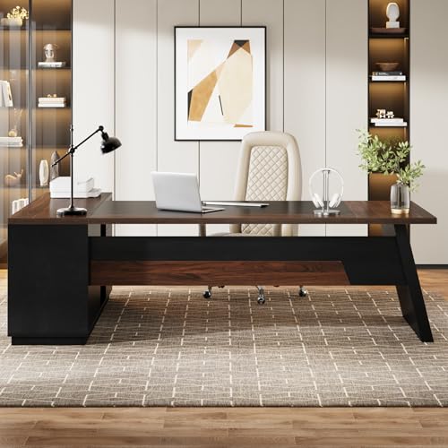 Tribesigns 78" L-Shaped Executive Desk with Drawers and File Cabinet, Walnut & Black V6249