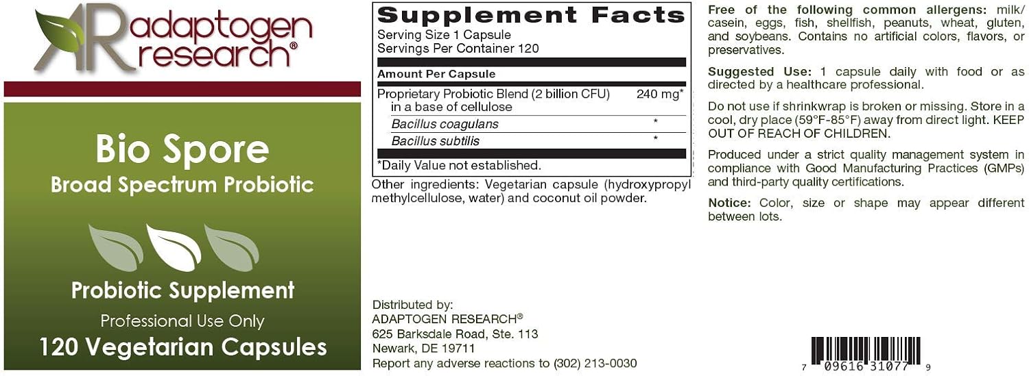 Bio Spore Broad Spectrum Probiotic | Soil-Based (SBO) & Shelf-Stable 2 Billion CFU Bacillus Coagulans & Subtilis Spore Forming Probiotic for Men & Women | 120 Vegetarian Capsules | Adaptogen Research
