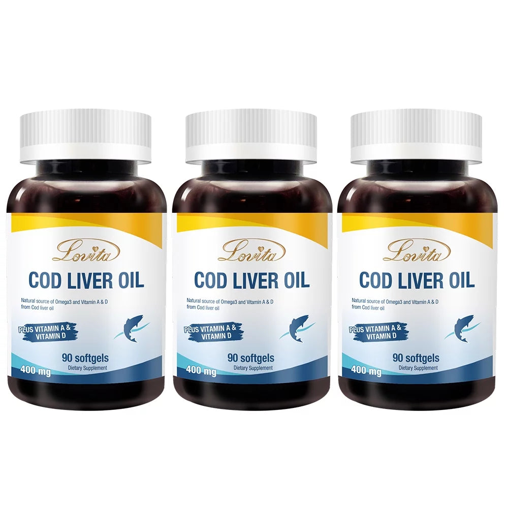 Lovita Cod Liver Oil 400 mg, Omega 3 with Vitamin A & Vitamin D3, Norwegian Cod Liver Oil, Rich in EPA and DHA, Heart & Brain Health, 90 Softgels (Pack of 3)