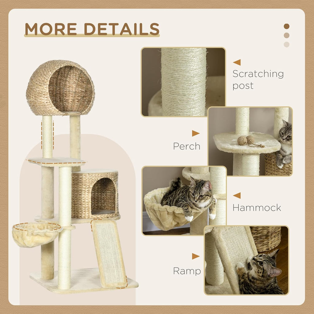 PawHut 59 Inch Cat Tree for Indoor Cats with Condo, Hammock, Scratching Posts, Beige W443