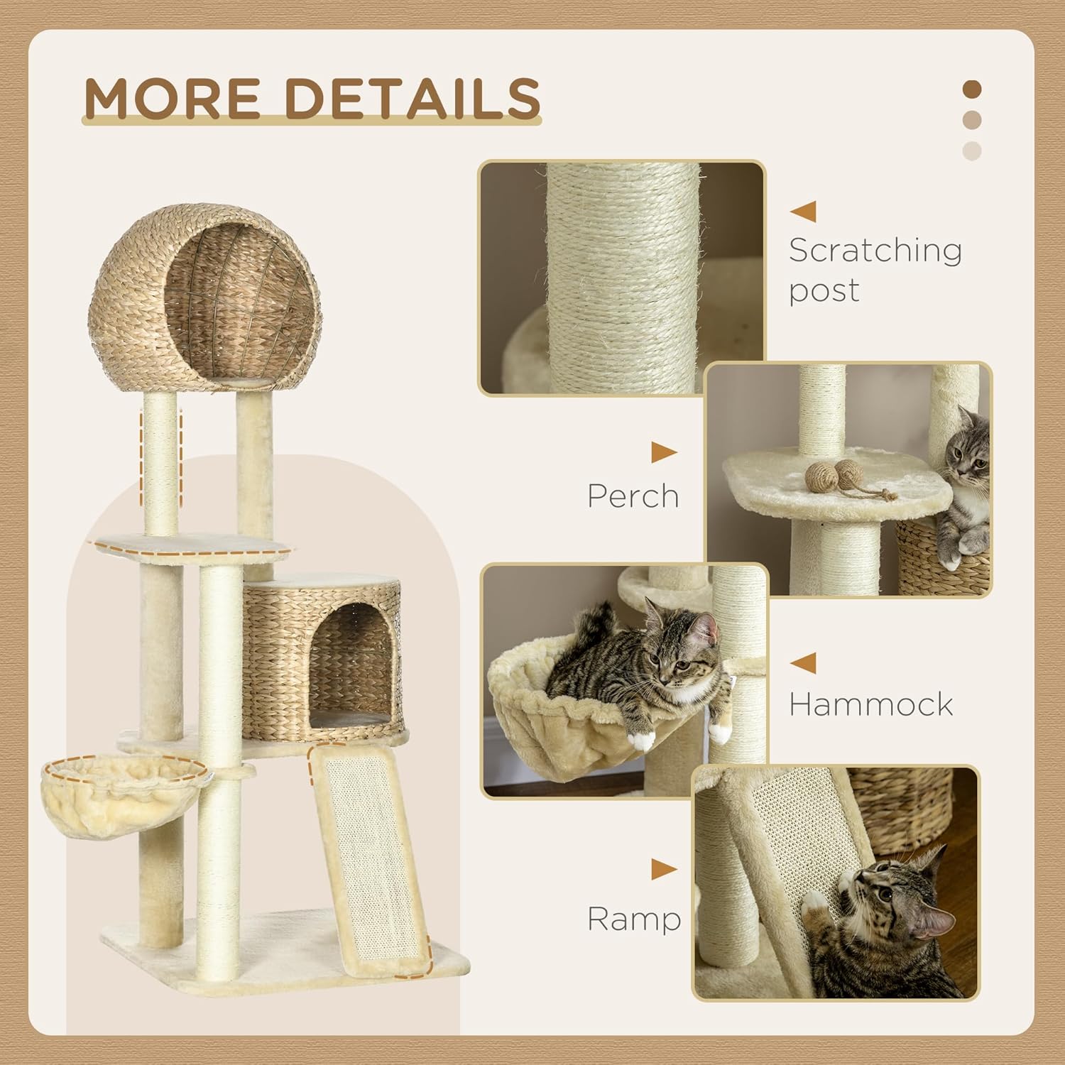 PawHut 59 Inch Cat Tree for Indoor Cats with Condo, Hammock, Scratching Posts, Beige W443