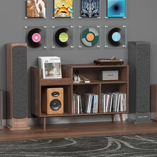 Large Record Player Stand with Power Outlet and Vinyl Storage Cabinet S7690
