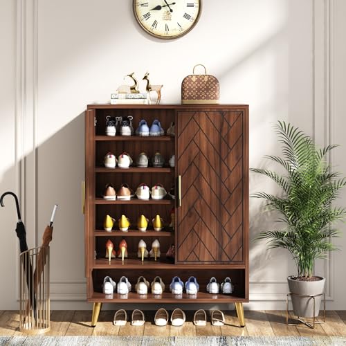 Tribesigns Walnut Shoe Cabinet with Doors, 6-Tier for Entryway Y122