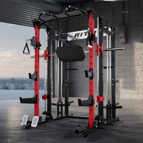 RitFit Buffalo Smith Machine Power Cage with Lat Pull-Down & Cable Crossover for Home Gym V3251