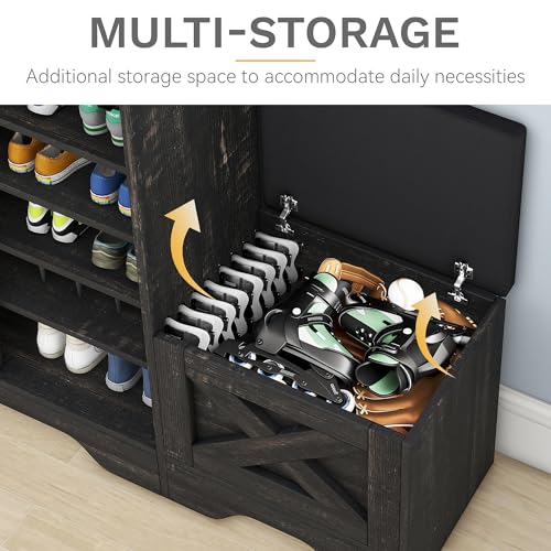 DWVO Farmhouse Shoe Cabinet with Sliding Door & Shoe Bench, 5-Tier, Dark Rustic Oak S3788