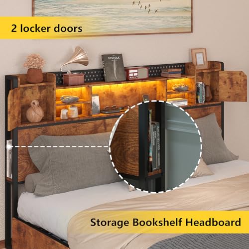 King Size Bed Frame with Storage Drawers and Bookcase Headboard, LED Lights, Vintage Brown K9476