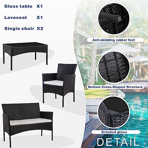 Shintenchi 4 Piece Outdoor Patio Furniture Set with Rattan Chairs and Glass Coffee Table, Black W6133
