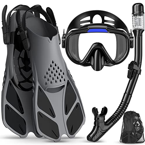 Snorkeling Gear for Adults Men Women,4 in 1 Snorkel Set with Panoramic View Diving Mask Anti-Fog Anti-Leak,Dry Top Snorkel,Fins and Travel Bag for Swimming,Snorkeling and Travel Diving