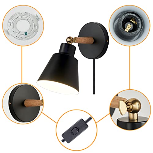 Plug in Wall Sconces Lighting Fixture, Black Nordic Wooden Bedside Wall Lamp Q1738