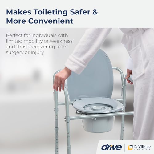 Drive Medical Folding Steel Bedside Commode Chair, Portable Toilet, 350 lb Capacity, Grey D8485