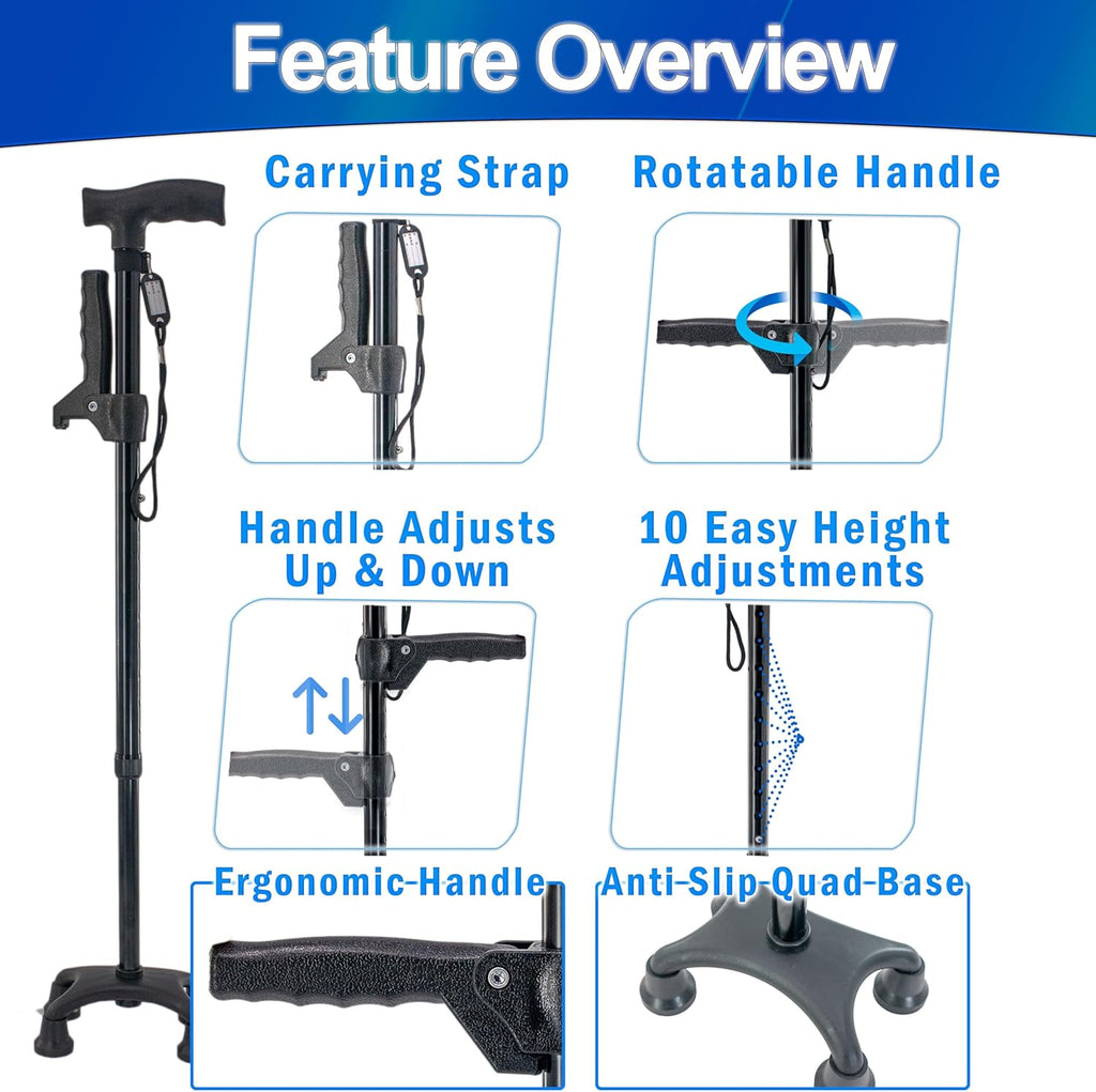Adjustable Walking Cane with Quad Base and Rotating Handle H8946