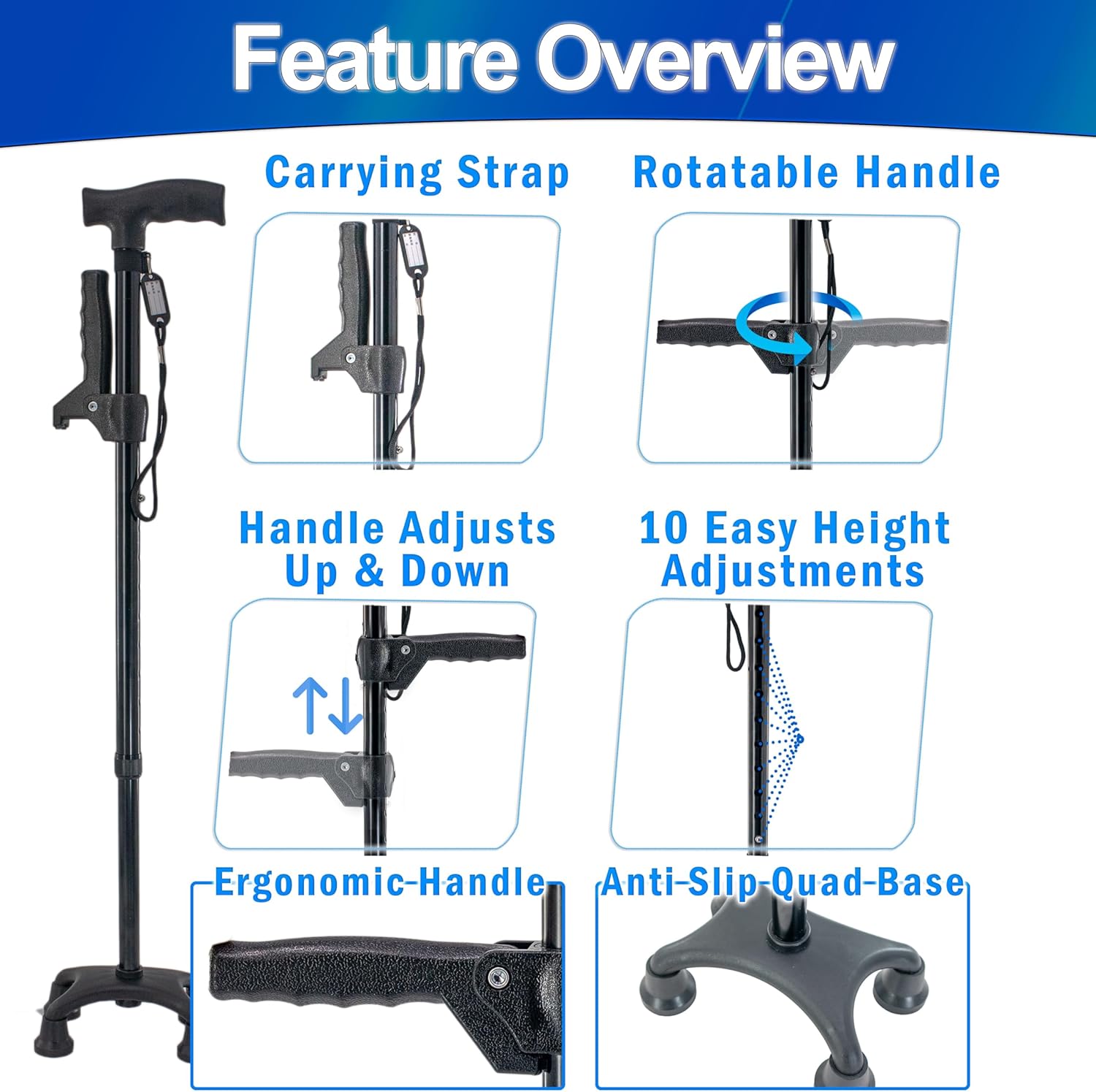 Adjustable Walking Cane with Quad Base and Rotating Handle H8946
