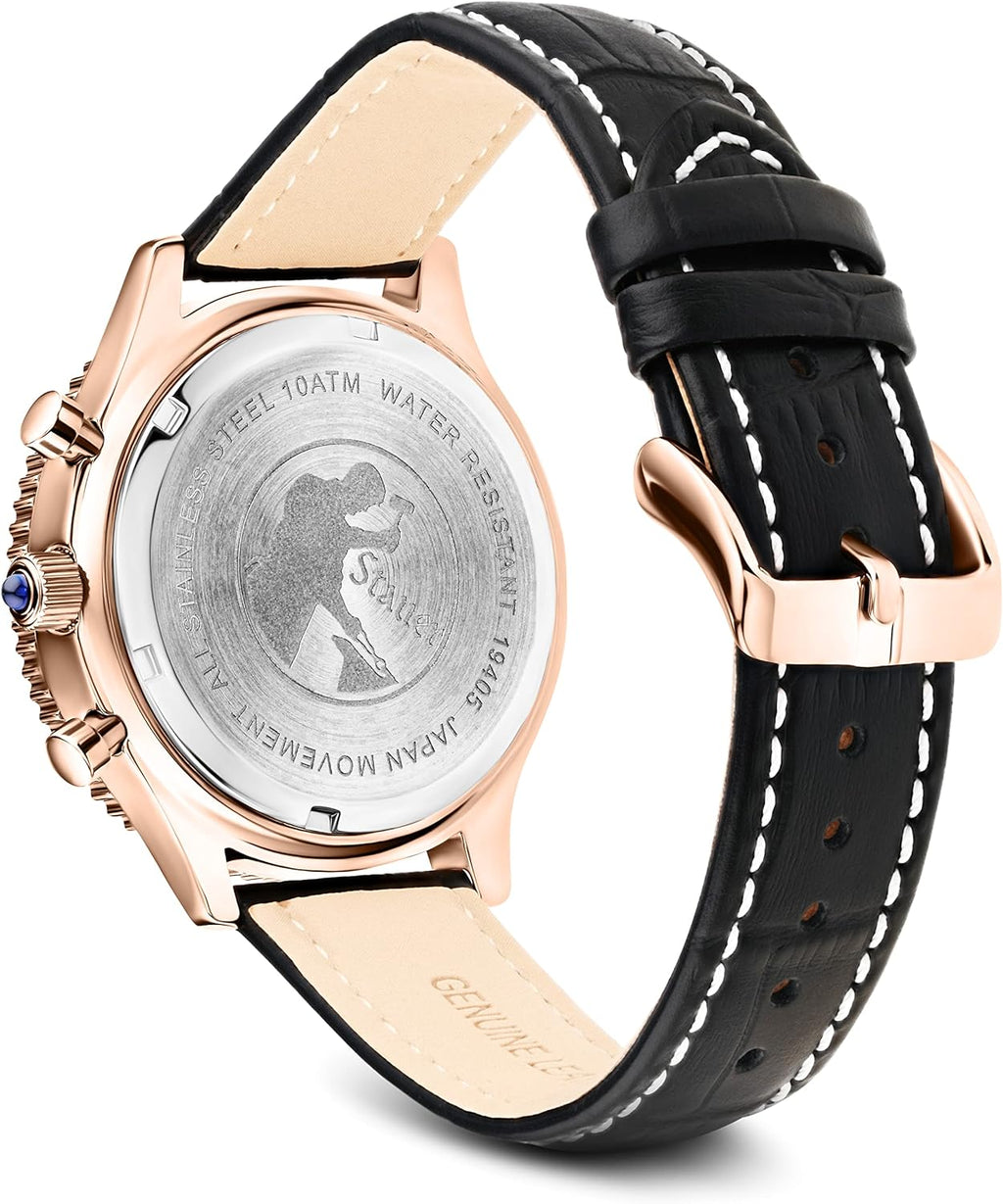 Stauer 1916 Midnight Flyboy Men's Chronograph Watch, Rose Gold Case, Black Leather Band Q2464