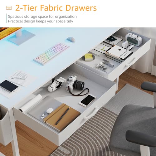 Black Gaming Desk with Hutch and Shelves, 47 Inch with LED Light and Power Outlets C685