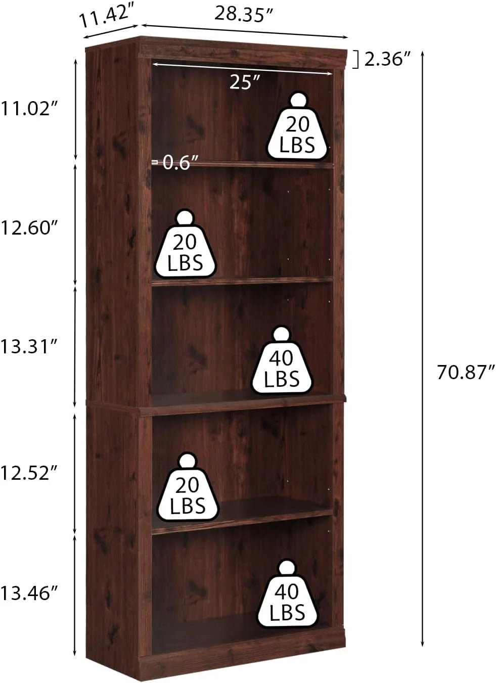 ENSTVER Wooden 5-Shelf Bookcase with Adjustable Shelves, Cherry D581