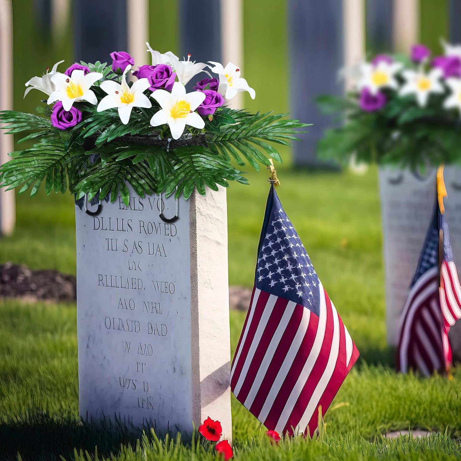Purple Rose and Lily Artificial Cemetery Flower Saddle for Headstone D120310