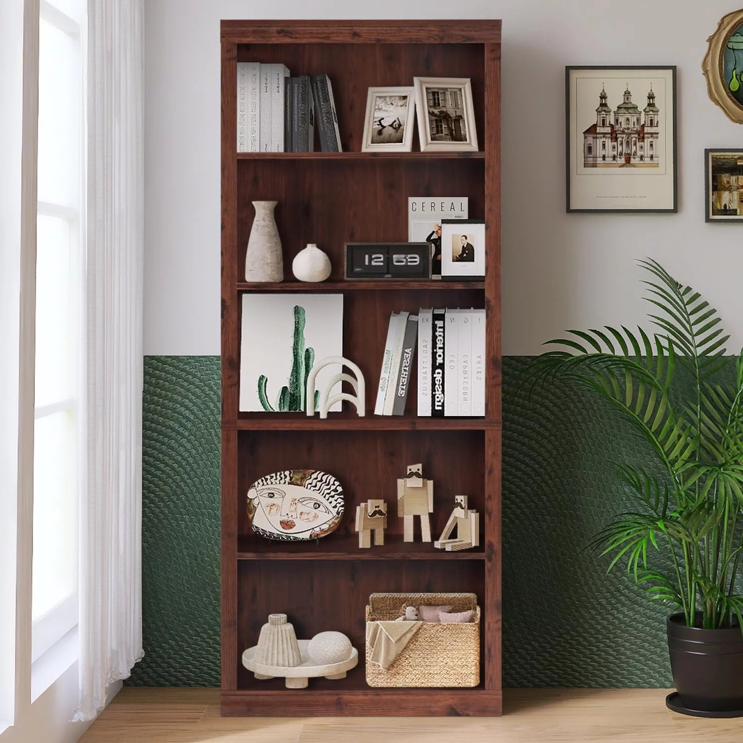 ENSTVER Wooden 5-Shelf Bookcase with Adjustable Shelves, Cherry