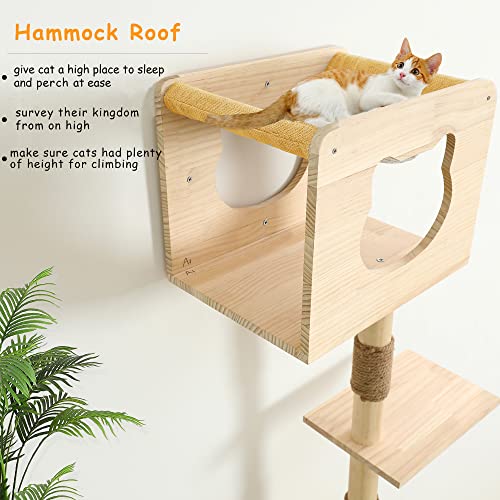 Tall Cat Tree House with Hammock Solid Wood Indoor Activity Tower O7163