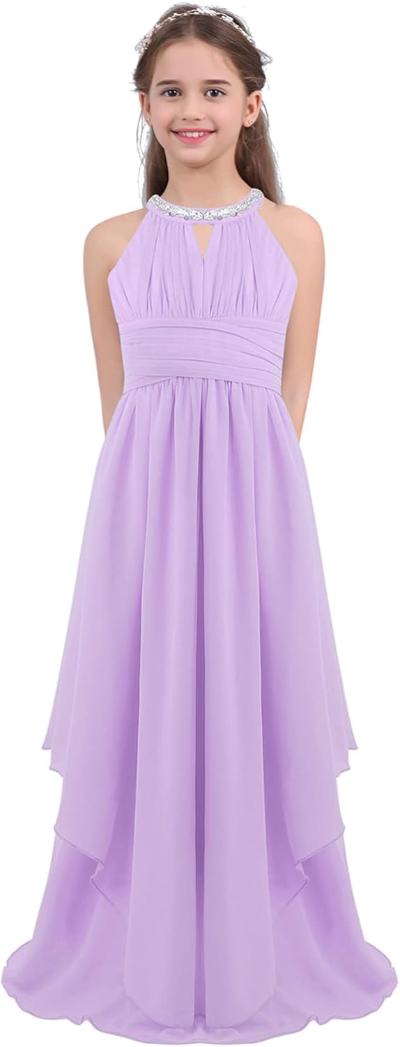 Alvivi Big Girls Halter-Neck Floral Lace Bridesmaid Romper Dress Lavender Q808132