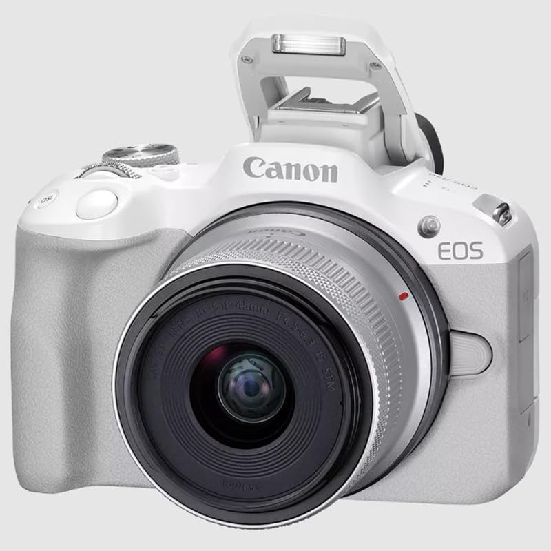 Canon EOS R50 Mirrorless Camera with RF-S 18-45mm Lens, White, Bundle with Bag, Batteries & Memory Cards S656267