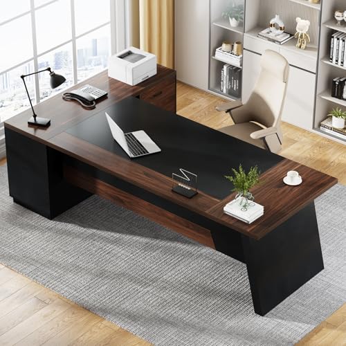 Tribesigns 78" L-Shaped Executive Desk with Drawers and File Cabinet, Walnut & Black V6249