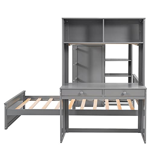 Harper & Bright Designs Full Over Twin Bunk Bed with Desk and Storage, Solid Wood, Gray L8927