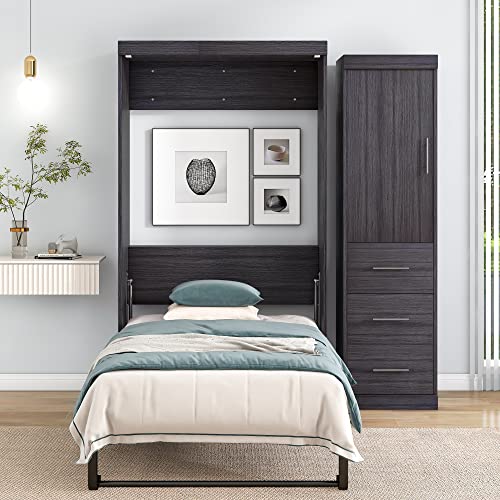DEINPPA Full Size Murphy Bed with Convertible Wardrobe, Wall Bed with Drawers and Shelf, Antique Wood I776