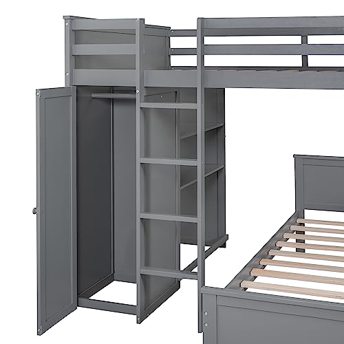 Harper & Bright Designs Full Over Twin Bunk Bed with Desk and Storage, Solid Wood, Gray L8927