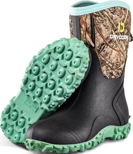D DRYCODE Rubber Boots for Women, 6mm Neoprene Mid Calf Rain Boots with Steel Shank, Waterproof Insulated Hunting Boots, Mud Work Boots, Black, Size 5-11