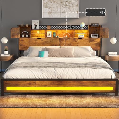 King Size Bed Frame with Storage Drawers and Bookcase Headboard, LED Lights, Vintage Brown K9476