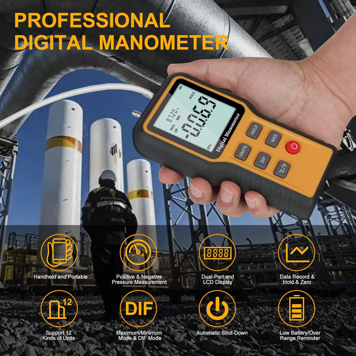 Manometer, Dual-Port HVAC Digital Air Pressure Meter Gas Tester Z185