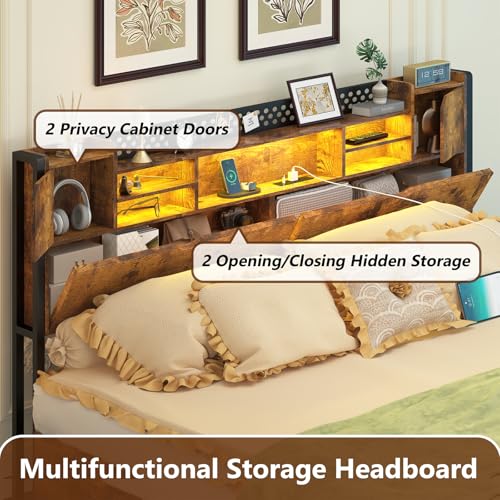 King Size Bed Frame with Storage Drawers and Bookcase Headboard, LED Lights, Vintage Brown K9476