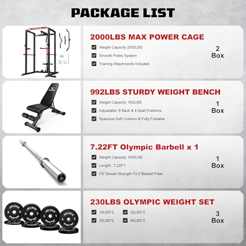 Power Cage 2000LBS Power Rack with LAT Pulldown and Adjustable Pulley System for Home Gym H863717