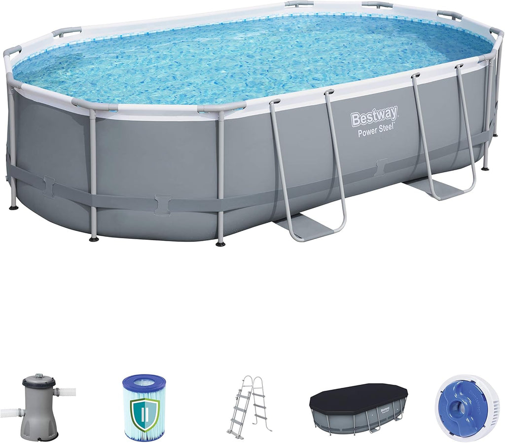 Bestway Power Steel Oval Frame Swimming Pool Set Dark Grey with Filter Pump and Accessories 488 x 305 x 107 cm