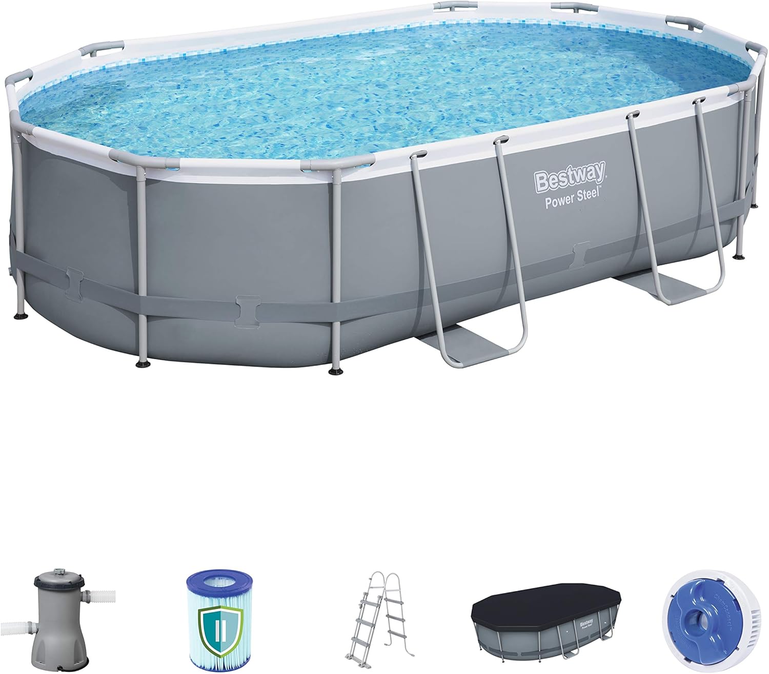 Bestway Power Steel Oval Frame Swimming Pool Set Dark Grey with Filter Pump and Accessories 488 x 305 x 107 cm