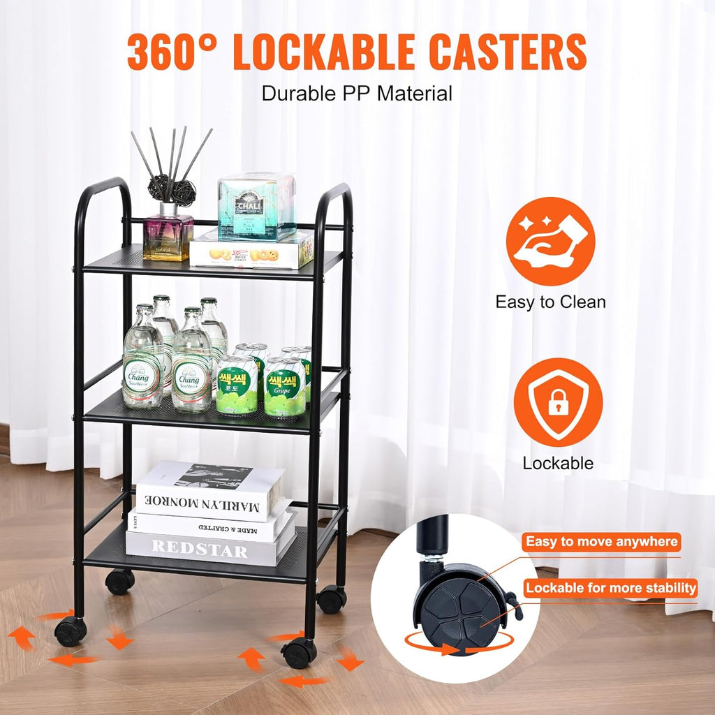VEVOR 3-Tier Metal Rolling Cart with Lockable Wheels, Black Q103026