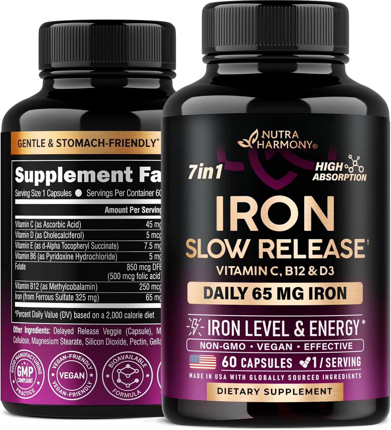 Iron Supplement for Women - Iron 65mg (Ferrous Sulfate 325mg) - Stomach Friendly | Slow Release Iron | High Absorption - Vitamins C, D3, B6, B12 & Folate - Iron Level & Energy Support - 60 Capsules