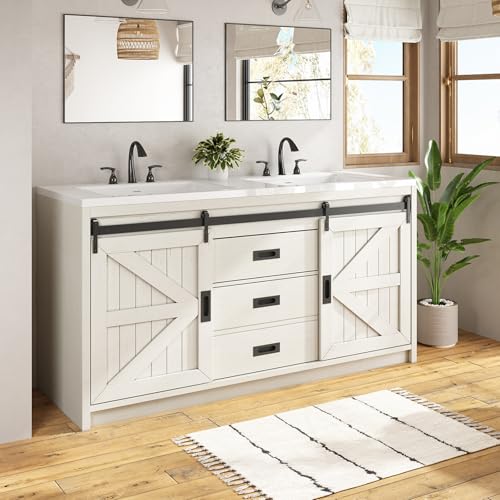 60" Farmhouse Sliding Barn Door Bathroom Vanity with Sink, Gray D68921